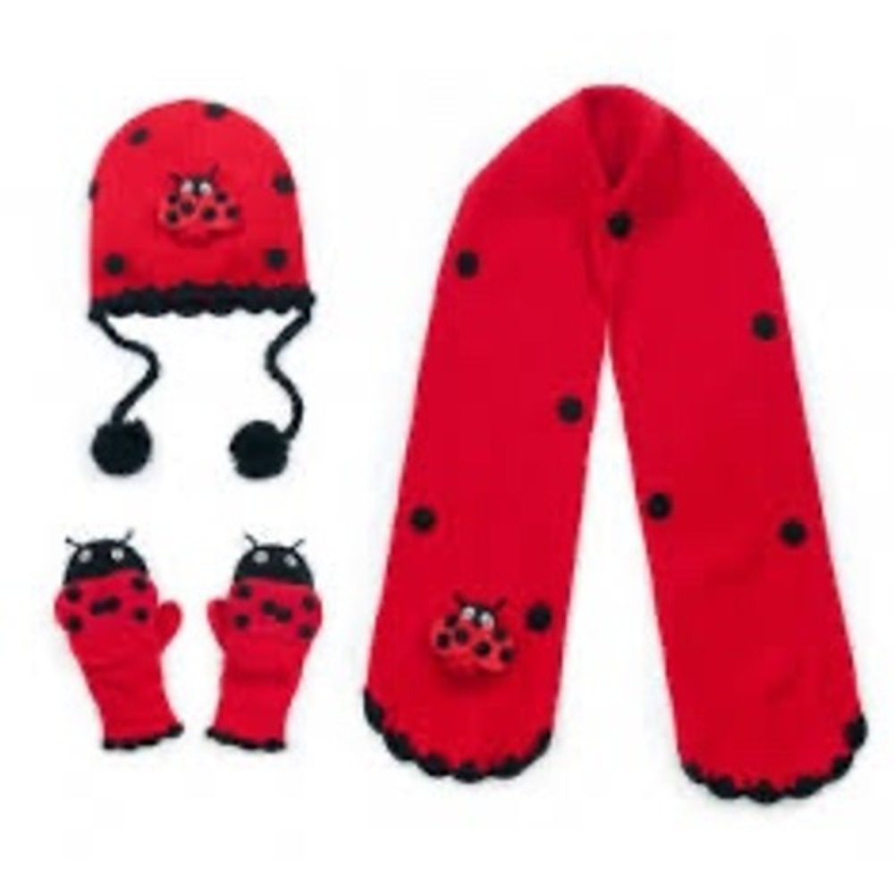 Kidorable Ladybug Knit Hat Scarf Mittens Set Red Black Polka Dot Winter Kids S